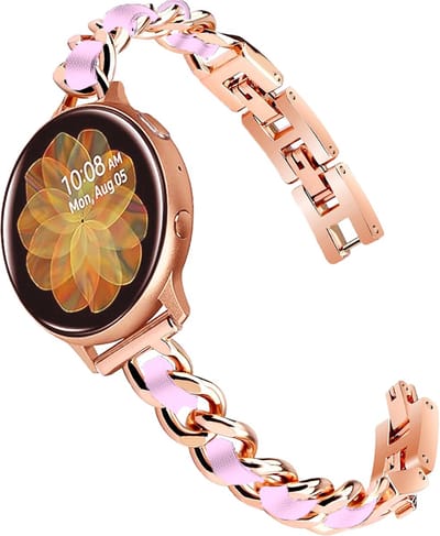 Stravo Lederen en Metalen Horlogebandje 20mm – Rosé goud/Roze – Denim Kettingontwerp Leren Smartwatch Bandje – Geschikt voor Samsung Galaxy Watch 7 / 6 / 5 / 5 Pro / 4 / 3 / Active 2 – Polar Ignite / Unite – Huawei – Leer