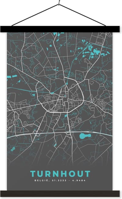Posterhanger incl. Poster 40x60 cm - Schoolplaat - België – Turnhout – Stadskaart – Kaart – Blauw – Plattegrond - Textielposter - Zwarte latten - Stadskaart
