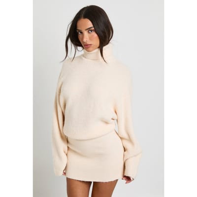 boohoo Dames Kleine ingesnoerde zoom hoge hals gebreide minijurk | Creme | Maat: Medium