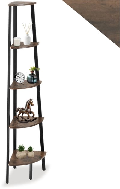 tectake® Hoekkast met 5 Lagen van Hout, Design Boekenkast, 34 x 34 x 158,5 cm, Ladderkast voor Woonkamer, Keuken, Kantoor, Hal, Zwart Metalen Frame (Donkerbruin)