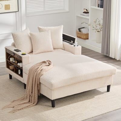 Multifunctionele loungebank met chaise longue, groot liggedeelte, dubbelzijdige bekerhouders, ledverlichting, zijvak, opbergruimte, USB-oplaadpoort en stabiele kunststof poten – veelzijdig in gebruik.