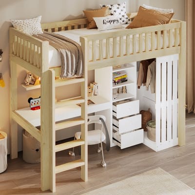 DESMIU Halfhoogslaper 90 cm x 200 cm Met Zonder Matras Bureau Kast 3 Laden Open Opbergruimte Voor Jeugdkamer Kinderkamer Natuurlijk Hout
