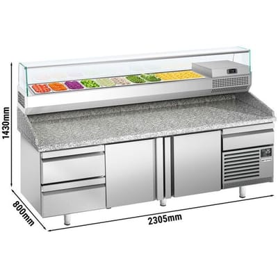 GGM Gastro Pizzakühltisch Premium PLUS - 2305x800mm - mit 2 Türen & 3 Schubladen - inkl. Kühlaufsatzvitrine - 10x GN 1/3 Zilver