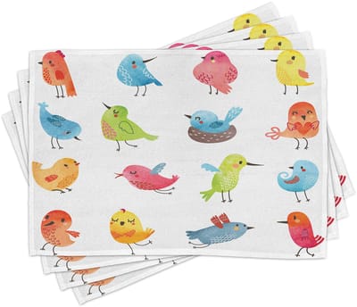 ABAKUHAUS Dieren-placematten, kleurrijk, lief vogel-aquarel-achtig plezier, grappig mascotte-kwastkunst-ontwerp voor kinderen, Tiscjdeco, gemaakt van kleurvast stof voor eetkamer en keuken, veelkleurig