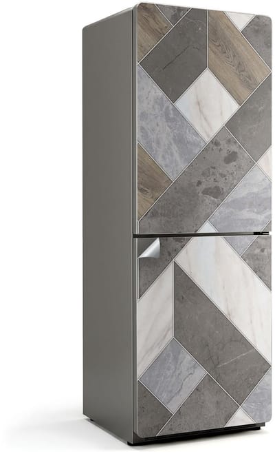 Wallfluent Koelkaststickers - Geometrisch patroon met tegels Koelkast Folie - 70 cm x 190 cm - Grijs Koelkaststickers - Zelfklevende Koelkaststicker - Koelkast Makeover - Koelkast Wrap - Koelkast Makeover