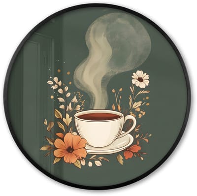 Poster in lijst Rond - Fotolijst 60x60 cm - Posters - Kop - Bloemen - Groen - Koffie - Ronde posterlijst zwart - Decoratie - Wanddecoratie woonkamer - Muurdecoratie slaapkamer