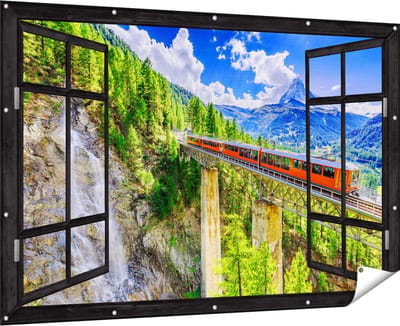 Gards Tuinposter Doorkijk Trein op een Brug bij een Waterval in Zwitserland - 180x120 cm - Tuindoek - Tuindecoratie - Wanddecoratie buiten - Tuinschilderij