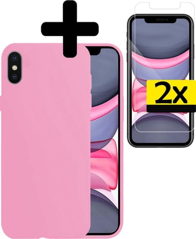 Hoesje Geschikt voor iPhone X Hoesje Siliconen Case Met 2x Screenprotector - Hoes Geschikt voor iPhone X Hoes Siliconen - Roze