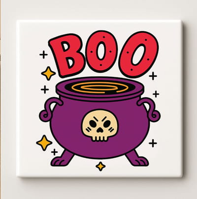 Boo Keramische Tegel 15x15 cm – Schattige Halloween Ketel met Schedel Ontwerp – Leuke Spookachtige Wanddecoratie & Perfect Halloween Cadeau