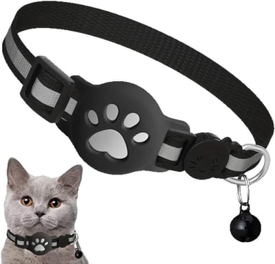 Rekbare kattenhalsband met AirTag houder, reflecterend en elastisch, GPS halsband voor katten en kittens, zwart