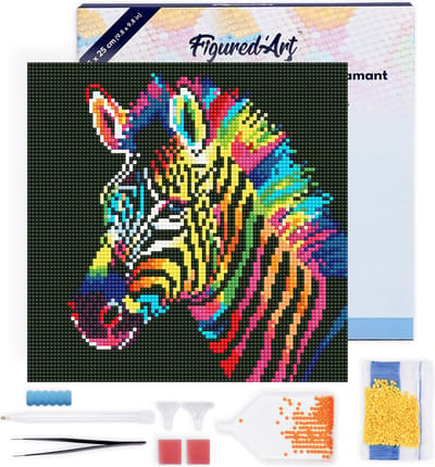 Figured'Art Mini Diamond Painting set Volwassenen 25x25 cm met lijst Neon Zebra - 5D DIY Art full drill ronde diamant - Canvas al ingelijst