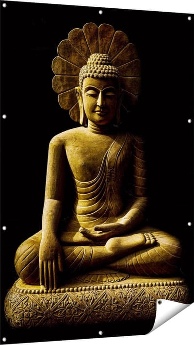 Gards Tuinposter Gouden Boeddha Beeld in Meditatie - 100x150 cm - Tuindoek - Tuindecoratie - Wanddecoratie buiten - Tuinschilderij