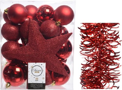 Kerstversiering kunststof kerstballen 5-6-8 cm met ster piek en golf folieslingers pakket rood van 35x stuks - Kerstboomversiering