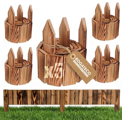 BOGATECO Set van 5 houten bedranden rolborder houten latten | Rolhek 20 cm hoog en 112 cm lang | Houten hek | Palenhek Perfect als bedrand of padafscheiding | Gevlamd