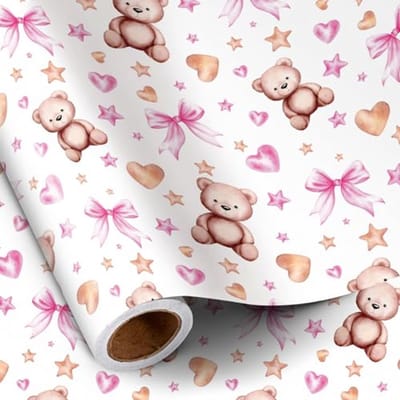 Inpakpapier voor Babymeisjes - Roze Beren met Hart en Ster - 43,2 cm x 5 m