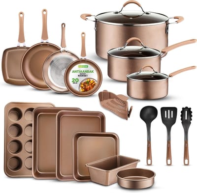 NutriChef Pannenset - Inductie 20-Delige Antiaanbak Pannenset - Kookpannenset, Kookgerei Set- PFOA/PFOS-vrij- Sauspan- Koekenpannen- Kookpotten-Muffinvorm- Bakplaat