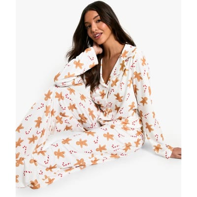 boohoo Dames Kerst Peperkoek Man Print Langarmig Shirt & Broek Pyjama Set | Maat: 40