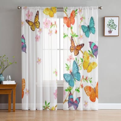 Schattige Vlinder Vliegend Over Amandelbloesem Chiffon Transparante Gordijnen voor Woonkamer Slaapkamer Decoratie Raam Voiles Tule Gordijn 135W x 114H(cm) white