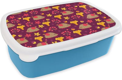 Broodtrommel Blauw - Lunchbox - Brooddoos - Egel - Paddenstoel - Patronen - 18x12x6 cm - Kinderen - Jongen