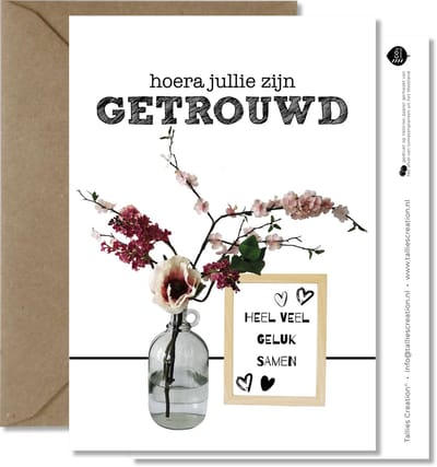 Tallies Cards - greeting  - wenskaarten - Getrouwd - Plant  - Set van 4 ansichtkaarten - trouwkaart - trouwen - huwelijk - echtpaar - getrouwd - Inclusief kraft envelop - 100% Duurzaam
