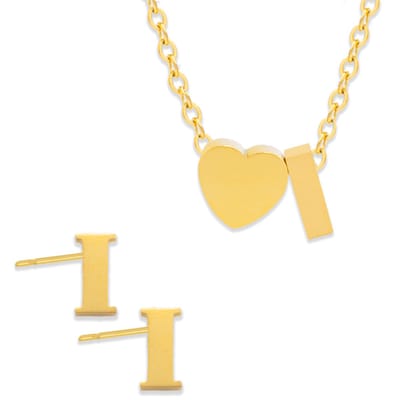 Initiaal Ketting & Oorbellen set met Letter I Goudkleurig - Stainless Steel - Met letter & Hartje! - 2x Sieraden Cadeau - Pax Amare