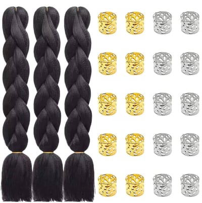 BRENZOOS- Vlechtextensions set 60 cm - 3 stuks kunsthaar - 20 haarsieraden - verstelbare tiara's - herbruikbare dreadlocks - huidvriendelijk en lichtgewicht - Pruik