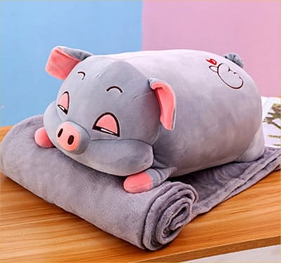 Vdtoys® Dekentje (plaid) grijs + knuffel varken, knus en warm in de donkere dagen XXL MAAT 50 cm