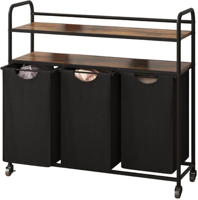 Wasmand – Voor Badkamer & Wasruimte – 3 Compartimenten (3×46L) met 2 Planken, Uitschuifbare Waszak – Zwart