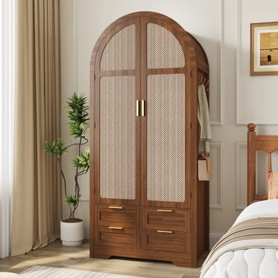 HAUSS SPOLE Kledingkast - Gebogen Deuren Met Rattanpaneel - Met Kledingstang En Lade - MDF - 80x50x179 cm - Walnoot Voor Slaapkamer En Hal