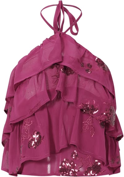 Luchtige Zomertop met Broderie Anglaise – Mouwloos Dames T-shirt met Sierlijk Borduursel – Gelaagde Top met Ruches en V-hals - Roze - S
