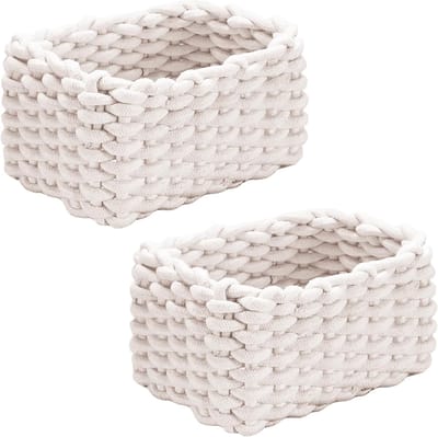 JeiibrZui Handgevlochten Opbergmand - 19 x 15 x 12 cm - 2 Stuks - Witte Katoenen Organizer voor Babykamer en Badkamer