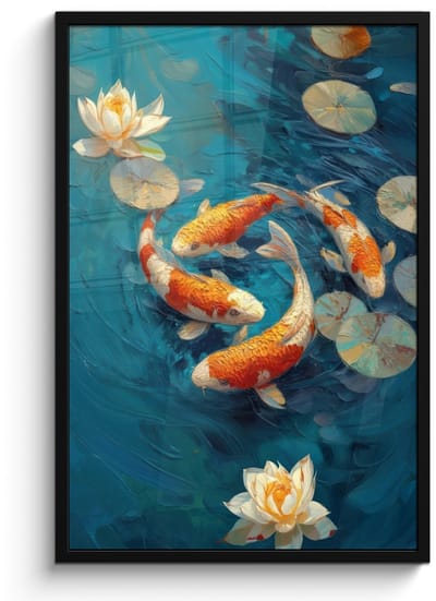 Poster in lijst - Fotolijst 60x90 cm - Posters - Vissen - Waterlelies - Oranje - Water - Posterlijst zwart - Decoratie - Wanddecoratie woonkamer - Muurdecoratie slaapkamer