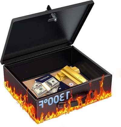 Brandveilige Documentenbox met Sleutelslot en Handvat, 33 x 27 x 10 cm, Grote Lockbox voor A4 Papier, Waterdichte Kluis voor Waardevolle Spullen, Paspoorten en Geld, Draagbaar en Veilig