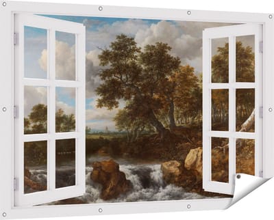 Gards Tuinposter Doorkijk Landschap met Waterval - Jacob van Ruisdael - 150x100 cm - Tuindoek - Tuindecoratie - Wanddecoratie buiten - Tuinschilderij