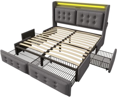 Gotagee Gestoffeerd bed 140x200cm tweepersoonsbed (zonder matras) grijs katoenen opbergbed met LED en USB C oplaadfunctie en 4 lades met metalen frame