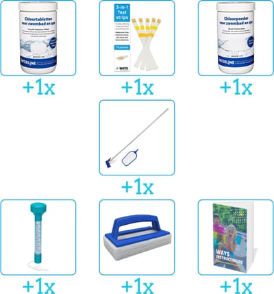 Zwembad Onderhoudspakket - Onderhoud Zwembad - bevat Chloor - Testrips - Chloor - Schoonmaakset - Thermometer - Scrubborstel en Zwembadgids (7-delig)
