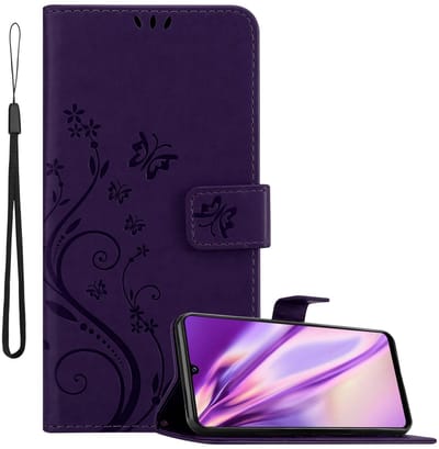 Cadorabo Hoesje geschikt voor Samsung Galaxy A42 5G / M42 5G in BLOEMEN DONKER PAARS - Beschermhoes in bloemmotief met magnetische sluiting, standfunctie en kaartsleuven Book Case Cover Etui