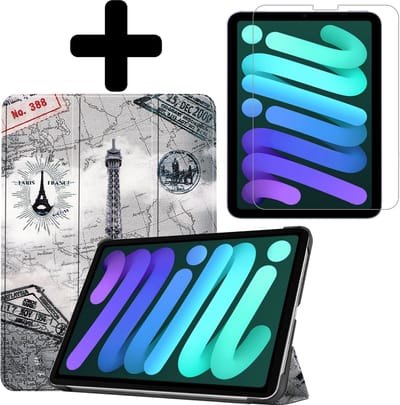 Hoes - Geschikt voor Apple iPad Mini 6 (2021) - 8.3 inch - 6e Generatie - Met Screenprotector - Trifold Bookcase - Hard Cover - Hardcover Book Case - Tablet Hoesje - Eiffeltoren