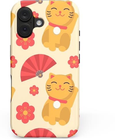 Casetastic hoesje geschikt voor Apple iPhone 16 - MagSafe - Dubbellaagse bescherming - Japanse Poezenvreugde - Lucky Cats - Fashion Case - Crème Koraal Goud