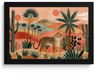Poster in lijst - Fotolijst 30x20 cm - Posters - Tijger - Palmen - Cactus - Oranje - Posterlijst zwart - Decoratie - Wanddecoratie woonkamer - Muurdecoratie slaapkamer