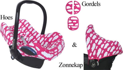 Maxi Cosi hoes set met zonnekap en gordelbeschermers – geschikt voor CabrioFix, Pebble, Citi – Autostoelhoes groep 0+ – Roze katoen – Baby cadeau – Wallabiezzz