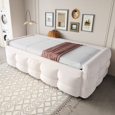 MODENUIT Gestoffeerd uitschuifbed 90/180x190 cm – Bedbank met lattenbodem – Uitschuifbaar – Zonder matras – Teddy stof – Beige