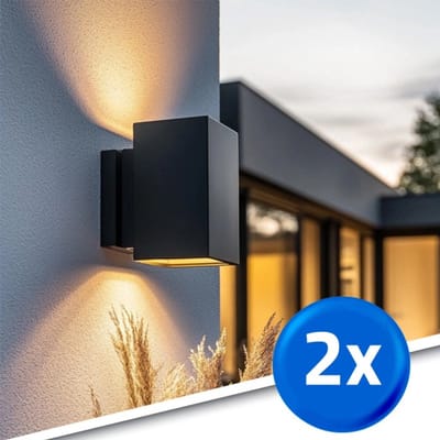 Solar wandlamp buiten 'Sverre' recht - Set van 2 - Up down light - Warm wit licht (2700K0 - 50 lumen - IP54 - Met schemersensor - Tuinverlichting op zonne-energie geschikt voor schutting - Zwart