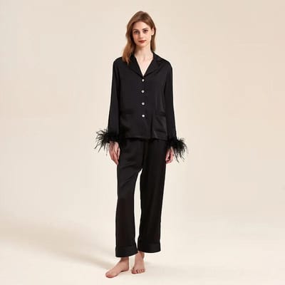 Ensemble Pyjama Satin Plume Noir Pyjama Mariage Mariée Ensemble Deux Pièces Printemps Automne Ample Vêtements d'Intérieur Vêtements d'Intérieur M noir