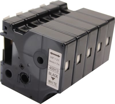 KATRIZ® huismerk label tape voor Dymo 40913 | LabelManager PNP/LabelPoint 150/Protable Labeler PL200/RhinoPRO 5200/6000 | Zwart op Wit | 9mm*7m | 5 stuks