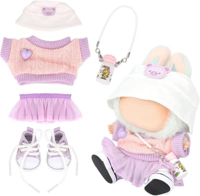 Poppenkleding Set - Outfit Accessoires - Verkleden Poppen - 5 Delige Set - 15-17 cm - Paars