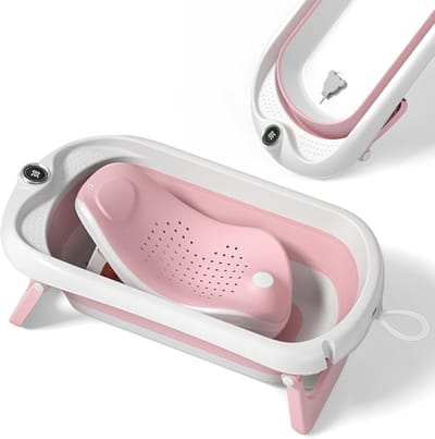 Opvouwbaar Babybad - Kinderbad met Zitje - Veilig Wassen - Ingebouwde Thermometer - 82 x 46 x 9 cm - Roze