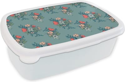 Broodtrommel Wit - Lunchbox - Brooddoos - Boeket - Patronen - Bloemen - Klaproos - 18x12x6 cm - Volwassenen