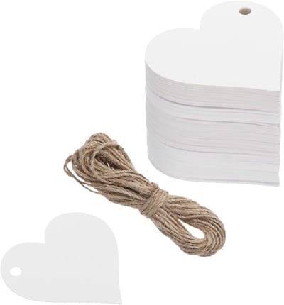 Allecta - 100 stuks cadeauhangers wit - etiketten labels - hartkaartje - jute koord geschenkverpakking Kerst - feestdagen decoratie puntenslijper.