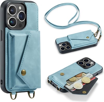 Casemania Hoesje Geschikt voor Apple iPhone 14 Pro - Aqua Blue - Luxe Backcover met Koord en Magnetische Sluiting - Portemonnee Wallet Case met Pasjeshouder en Opbergvak - Lanyard Telefoonhoes - Cord Case
